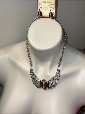 rhinestone-encrusted winged football necklace statement set sport fashion NEW